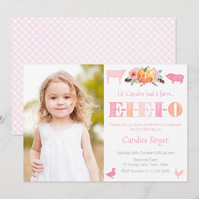 EIEIO Pumpkin Farm Petting Zoo Girl Birthday Party Invitation (Front/Back)