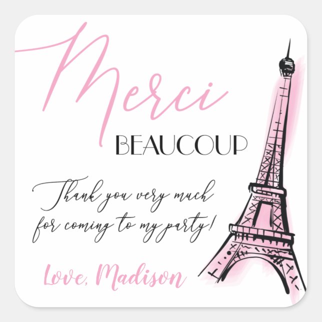 Eifel Tower Paris Parisian Birthday Thank You Square Sticker (Front)