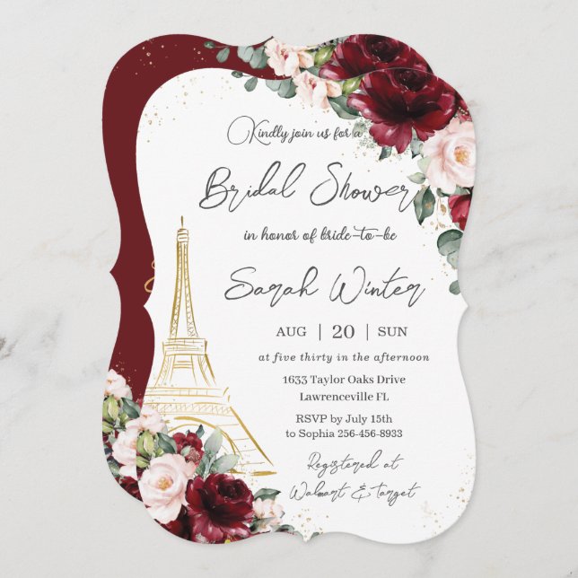 Eiffel Paris Bridal Shower Burgundy Blush Floral Invitation (Front/Back)