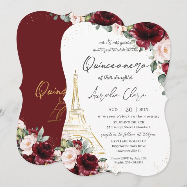 Eiffel Paris Quinceañera Burgundy Blush Floral Invitation (Front/Back)