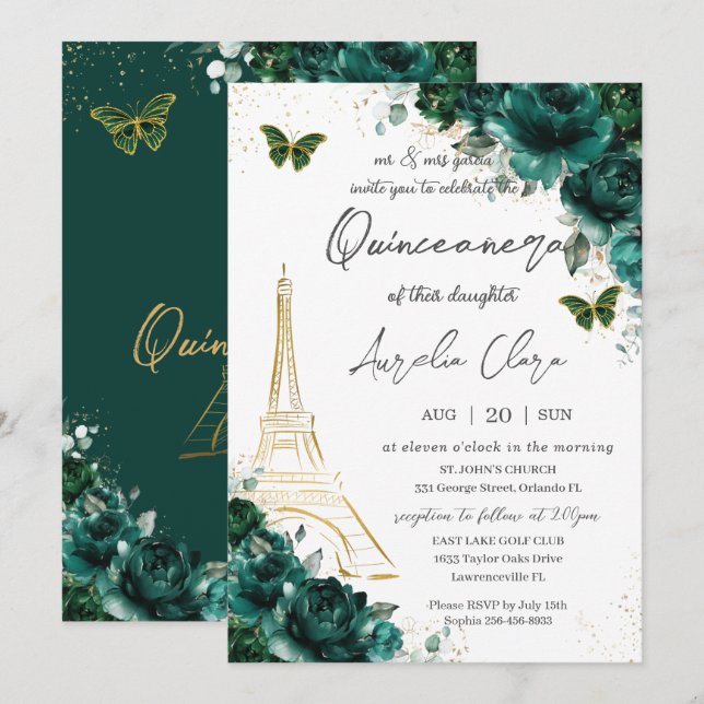 Eiffel Paris Quinceañera Emerald Green Floral Invitation (Front/Back)