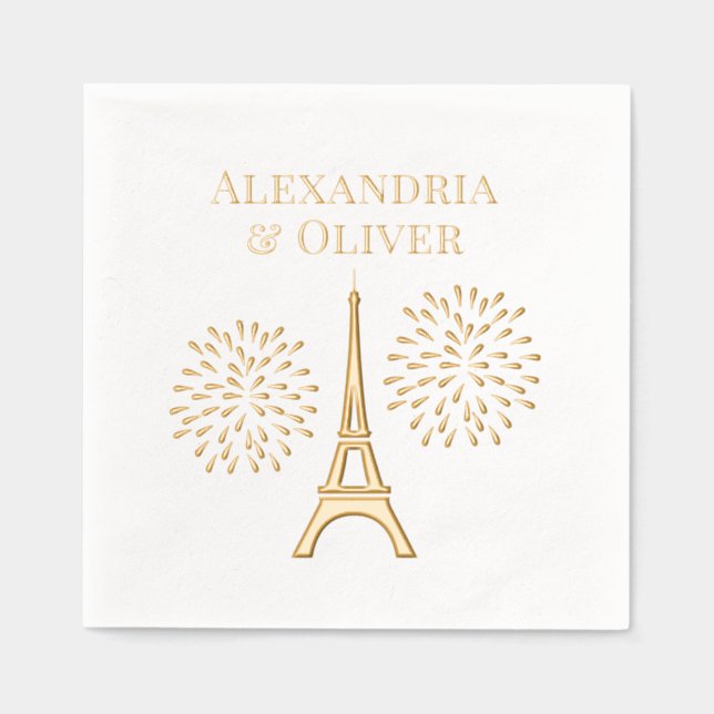 Eiffel Tower #1 Silhouette Fireworks Couple Names Foil Napkins (Front)