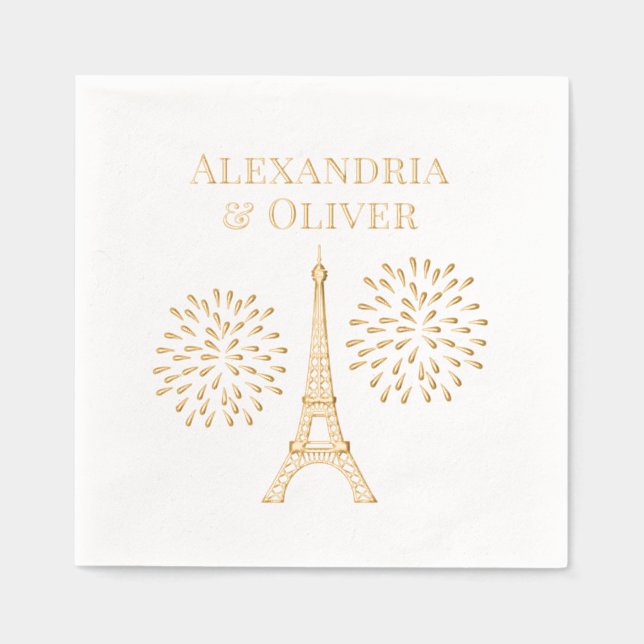 Eiffel Tower #2 Silhouette Fireworks Couple Names Foil Napkins (Front)