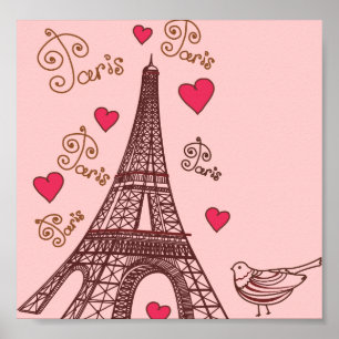 Eiffel Tower and Hearts in Pink Poster
