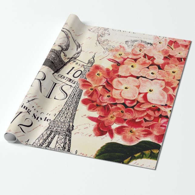 Eiffel Tower and hydrangea  Wrapping Paper (Unrolled)