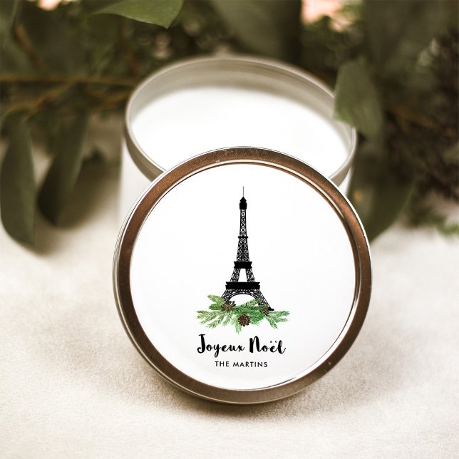 Eiffel Tower and Pine | Modern Joyeux Noel Classic Round Sticker (An elegant French Christmas sticker with the Eiffel Tower)
