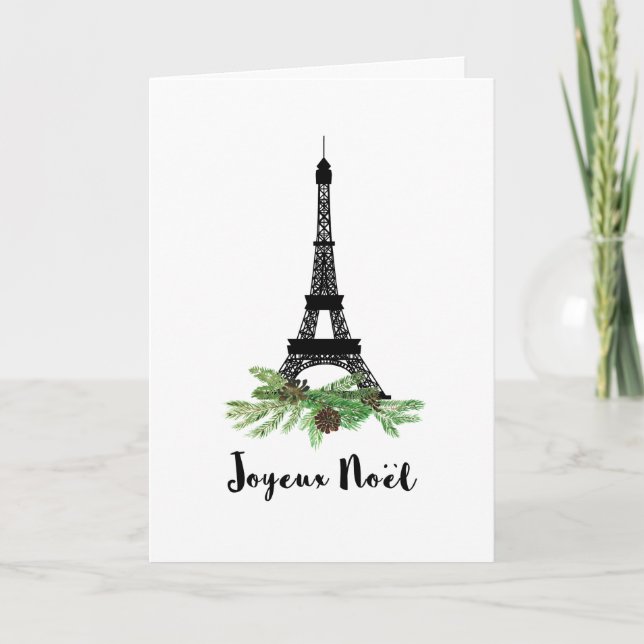 Eiffel Tower and Pine Modern Joyeux Noel Holiday Card (Front)