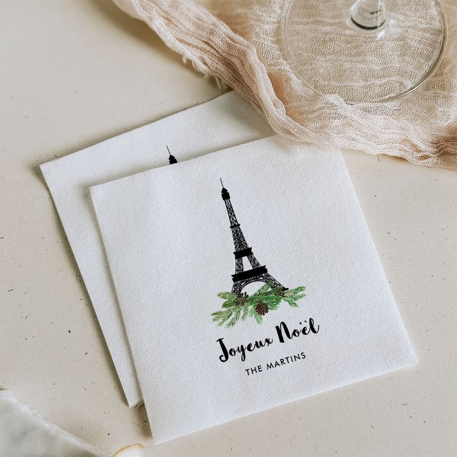 Eiffel Tower and Pine | Modern Joyeux Noel Napkin (Creator Uploaded)