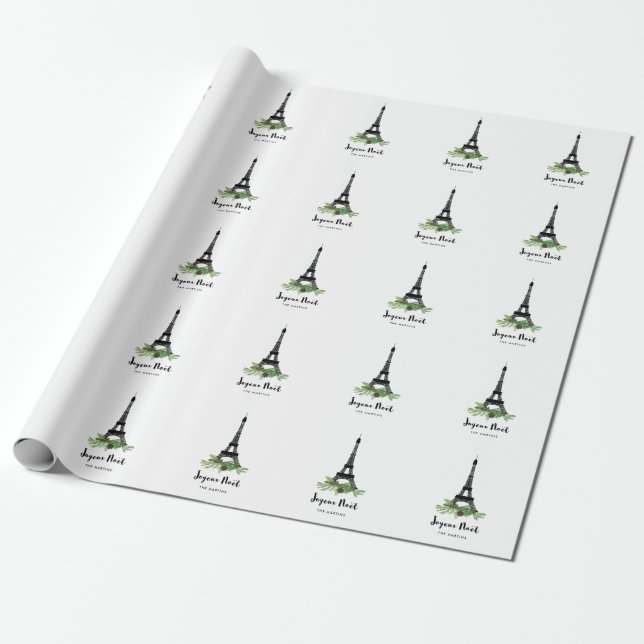 Eiffel Tower and Pine Modern Joyeux Noel Wrapping Paper (Unrolled)