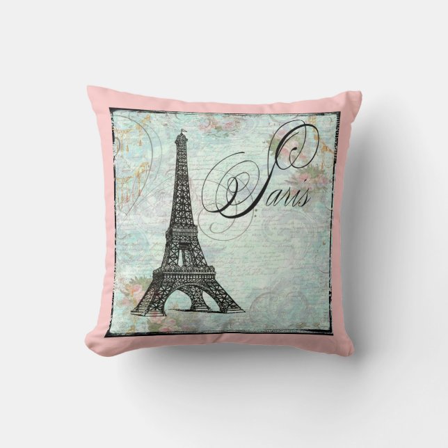 Eiffel Tower and Pink Roses Cushion (Front)