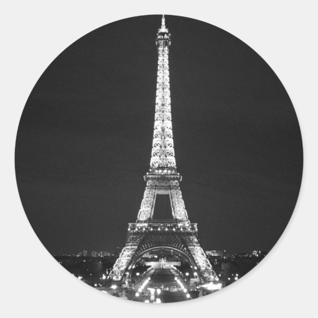 Eiffel Tower at Night - B/W Classic Round Sticker (Front)