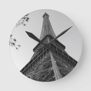 Eiffel Tower b/w Round Clock