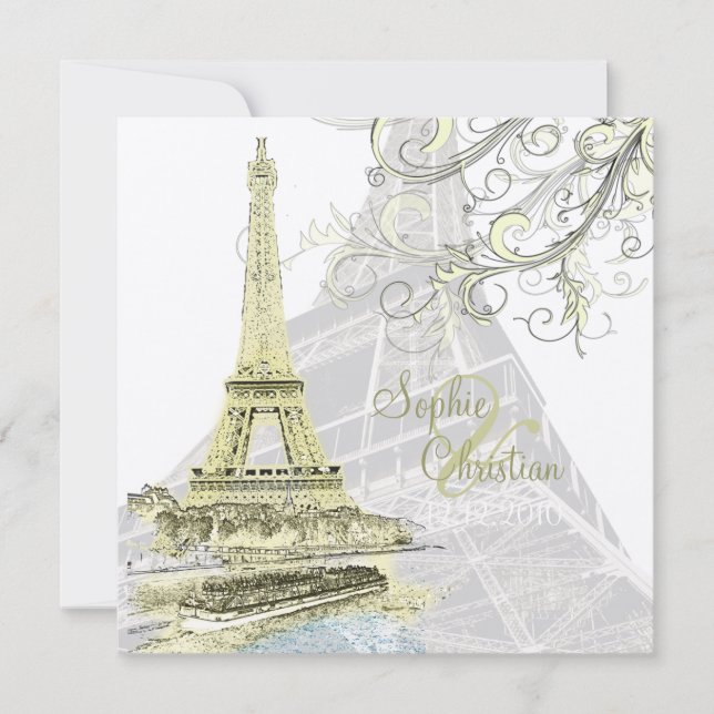 Eiffel Tower+bateau mouche+swirls wedding invites (Front)