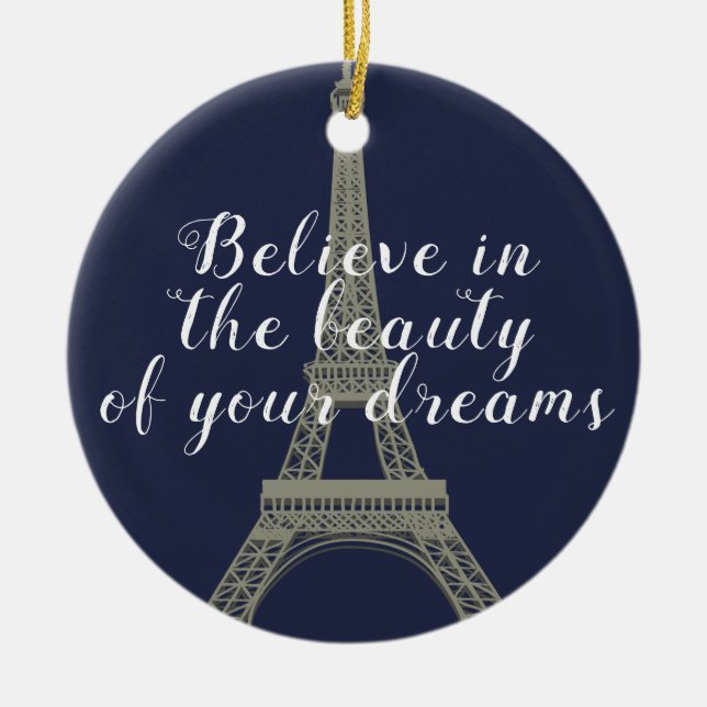Eiffel Tower Believe Quote Personalised Ceramic Tree Decoration (Front)