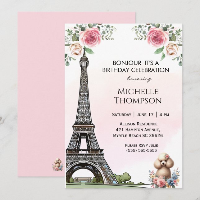 Eiffel Tower Birthday Paris France Floral  Invitation (Front/Back)