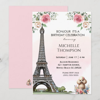 Eiffel Tower Birthday Paris France Floral Invitation