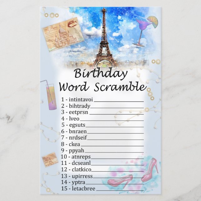 Eiffel tower Birthday Word Scramble Game (Front)
