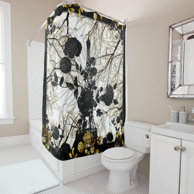 Eiffel Tower Black Gold Floral Birds Trees Shower Curtain (In Situ)