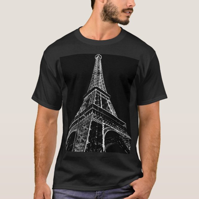 Eiffel Tower Black & White Pop Art Retro T-Shirt (Front)