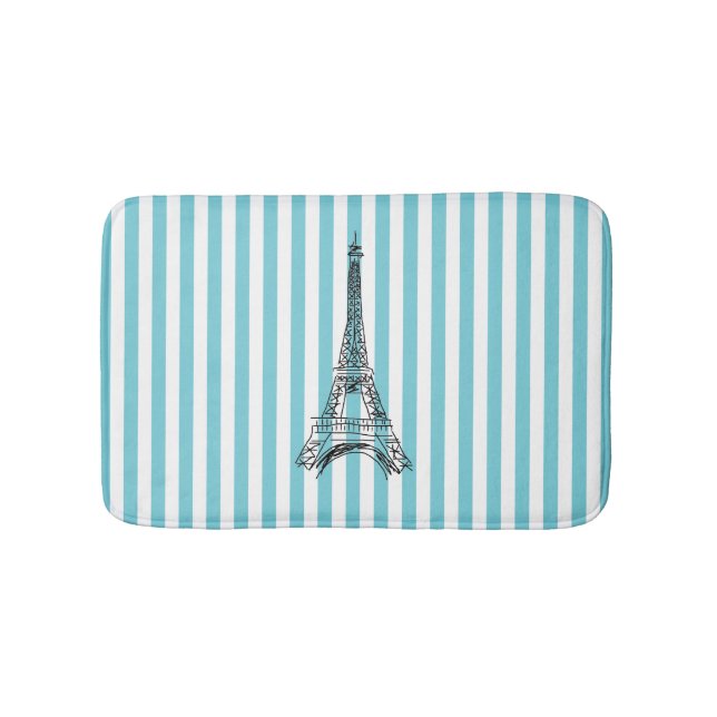 Eiffel Tower Blue and White Stripe Bath Mat (Front)