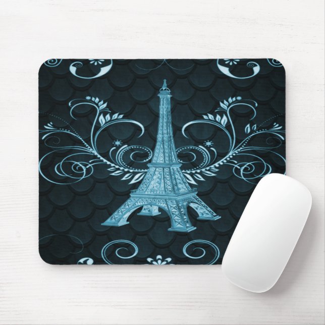 Eiffel Tower Blue Floral Swirl Mouse Mat (With Mouse)
