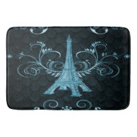 Eiffel Tower Blue Floral Swirls Bath Mat