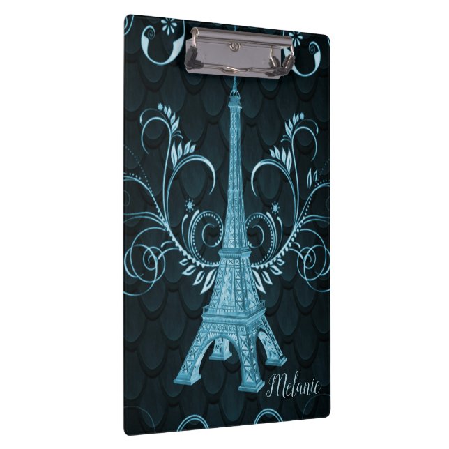 Eiffel Tower Blue Floral Swirls Clipboard (Right)