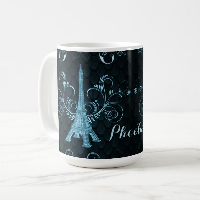 Eiffel Tower Blue Floral Swirls Coffee Mug (Front Left)