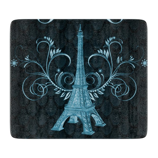 Eiffel Tower Blue Floral Swirls Cutting Board (Front)