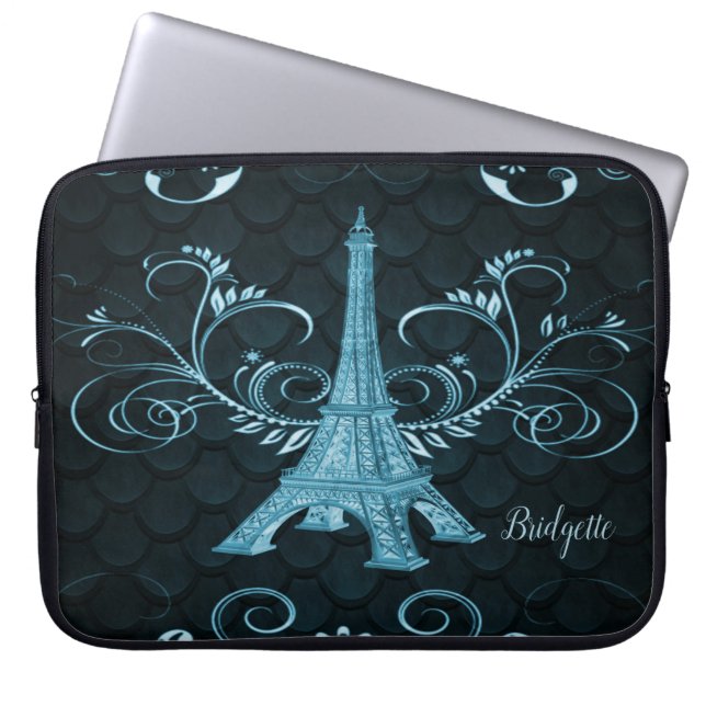 Eiffel Tower Blue Floral Swirls Laptop Sleeve (Front)