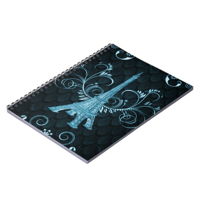 Eiffel Tower Blue Floral Swirls Notebook (Left Side)