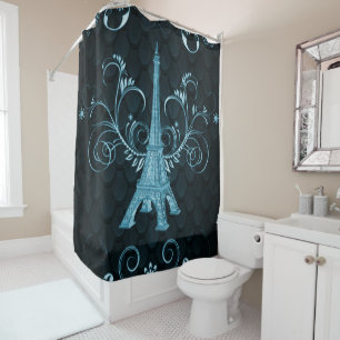 Eiffel Tower Blue Floral Swirls Shower Curtain