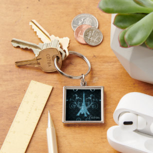 Eiffel Tower Blue Floral Swirls Square Keychain