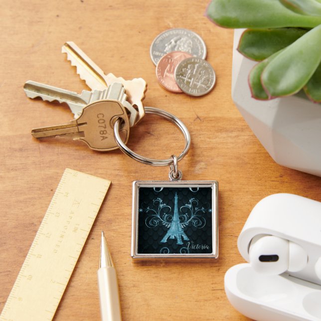 Eiffel Tower Blue Floral Swirls Square Keychain (Desk)
