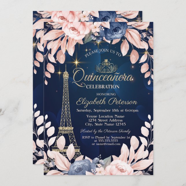 Eiffel Tower,Blue Flowers,Navy Blue Quinceañera Invitation (Front/Back)