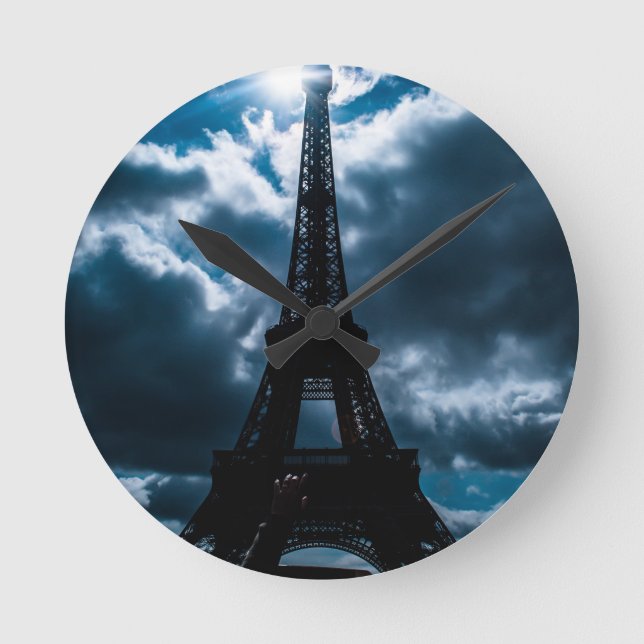 Eiffel Tower Blue Night Round Clock (Front)