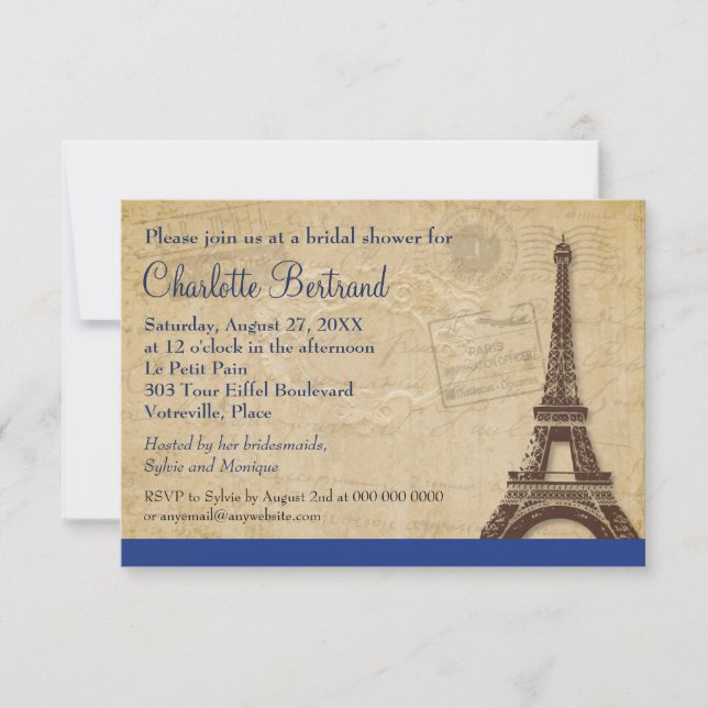 Eiffel Tower Blue Parisian Bridal Shower Invitation (Front)