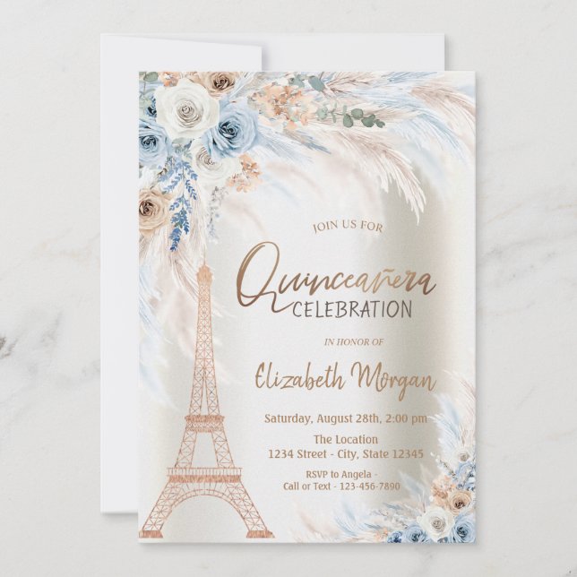Eiffel Tower Blue Roses Pampas Grass Quinceanera Invitation (Front)