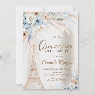 Eiffel Tower Blue Roses Pampas Grass Quinceanera Invitation