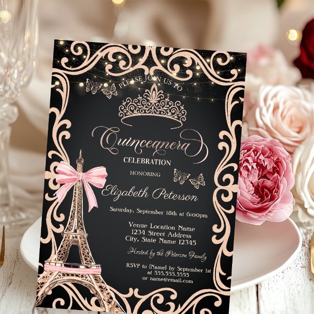Eiffel Tower Bow Frame Dress Glitter Butterfly  Invitation (Creator Uploaded)