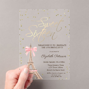 Eiffel Tower Bow Gold Diamonds Black Sweet 16 Acrylic Invitations