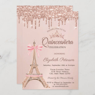 Eiffel Tower,Bow Rose Gold Drips Quinceañera  Invitation