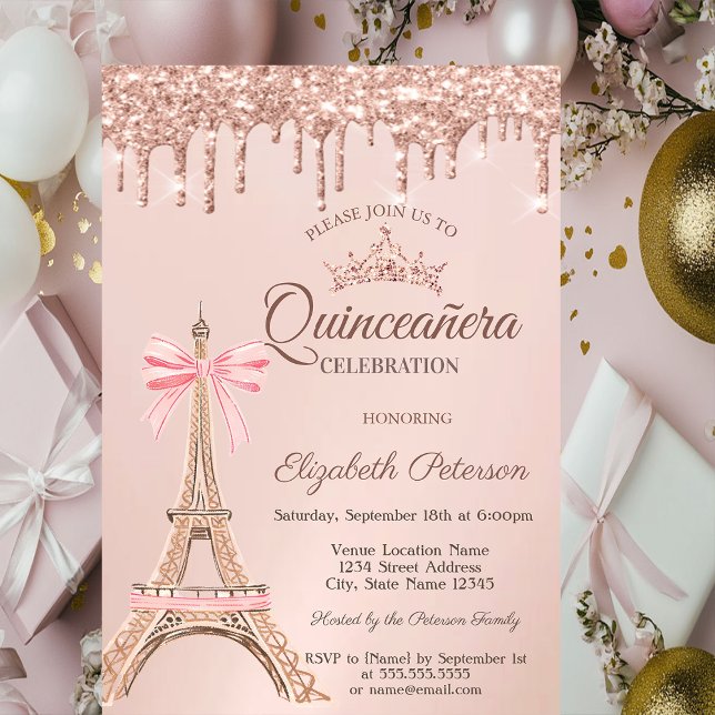  Eiffel Tower,Bow Rose Gold Drips Quinceañera  Invitation (Creator Uploaded)