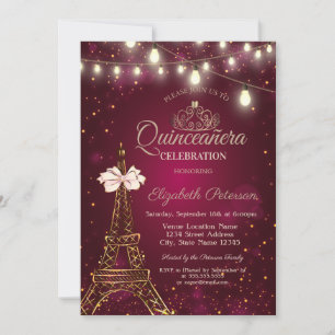  Eiffel Tower,Bow,Tiara Lights Red Quinceañera  Invitation
