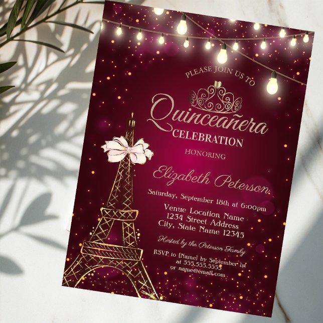  Eiffel Tower,Bow,Tiara Lights Red Quinceañera  Invitation (Creator Uploaded)
