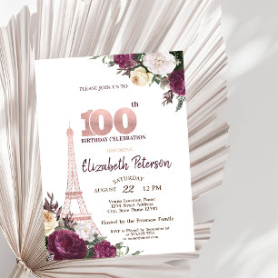 Eiffel Tower Burgundy Flowers 100th Birthday Invitation