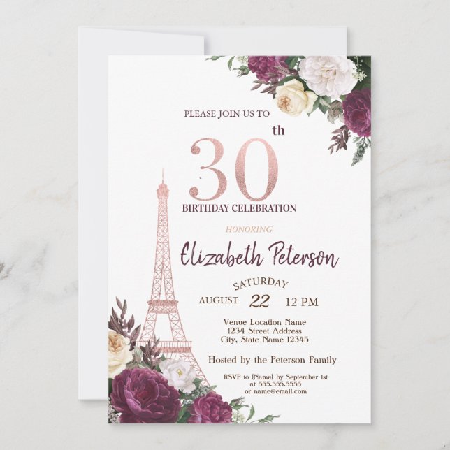 Eiffel Tower Burgundy Flowers 30th Birthday Invitation (Front)