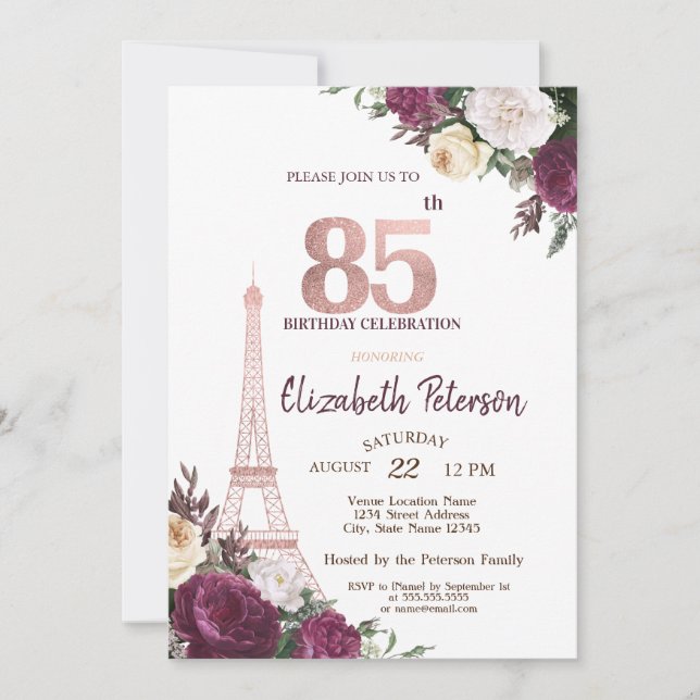 Eiffel Tower Burgundy Flowers 85th Birthday Invitation (Front)