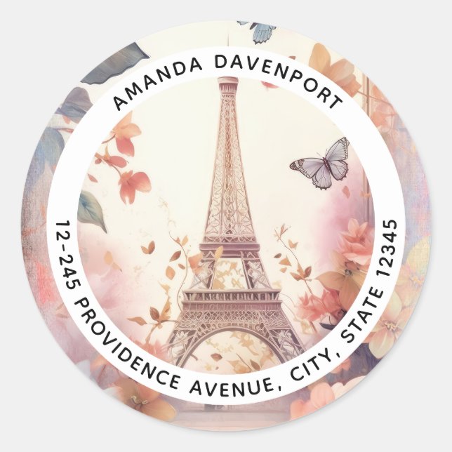 Eiffel Tower Butterflies and Flowers Address Classic Round Sticker (Front)