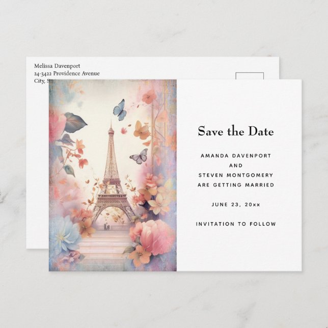 Eiffel Tower Butterflies and Flowers Announcement Postcard (Front/Back)